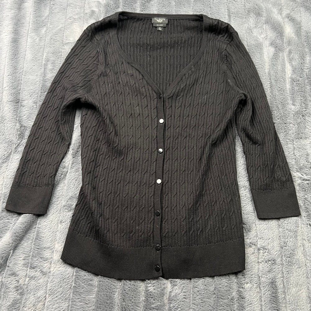 Talbots Petites Black Cable Knit Pima Cotton V-Neck Cardigan Sweater Medium P